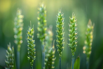 A close-up of unripe green wheat ears in a field, set against a blurred green background