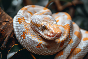 Fototapeta premium Light-colored snake rolled up on his body, big, leaves around the snake