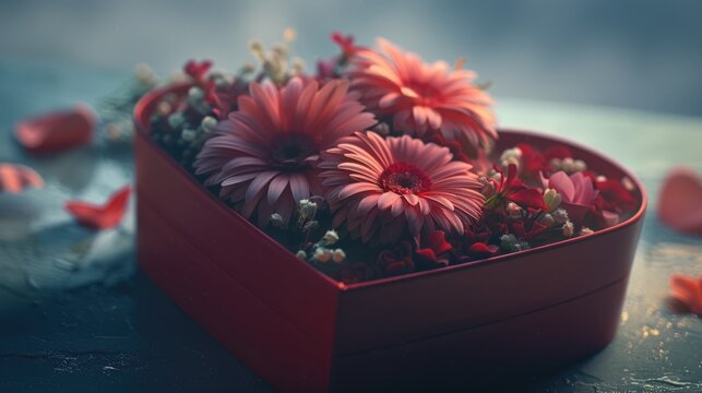 A box filled with pink flowers in the shape of a red heart, perfect for romantic occasions or Valentine's Day