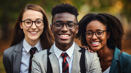 Smiling students, group of diverse students, three school pupils wearing school uniforms and glasses.