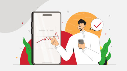 Vector illustration of a man analyzing data on a smartphone, showcasing business growth and digital analytics. Perfect for presentations and infographics.

