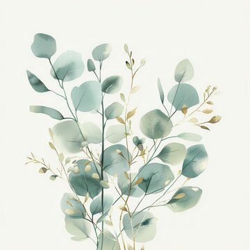 recommend clip art: delicate watercolor bouquet featuring eucalyptus leaves and branches accented with elegant golden lines soft greens and metallic highlights create a harmonious botanical composition