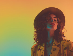 Colorful Portrait of Woman with Hat in Artistic Lighting 