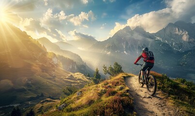 Fototapeta premium Mountain Biking Adventure: Man Conquering Trails on a Mountain Bike