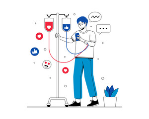 Young Man Addicted to Social Media Illustration