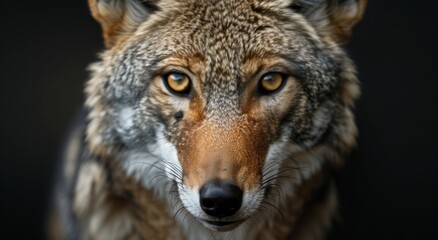 Fototapeta premium Close Up Of A Coyote's Face In A Dark Setting