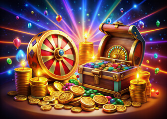 Colorful slot machines, shiny coins, and a giant wheel of fortune surround a sparkling treasure chest overflowing with glittering jewels and golden trophies.