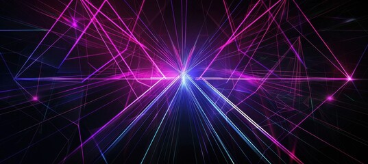 Fototapeta premium Dark background, purple and blue laser lines in the shape of triangles on black background Generative AI