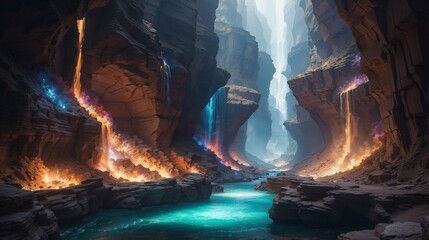 Fototapeta premium Majestic Fantasy Landscape Background with Glowing Canyons and Mystic Waterfalls
