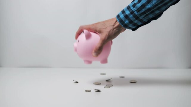 Hand of male shakes coins out of a pink piggy bank, sending them scattering across the table. Savings, financial security and budgeting concept
