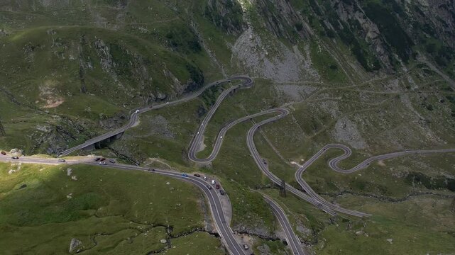 Transfagarasan famous curvy road in Romania. Aerial view of Transfagarasan road in Fagaras Mountain.