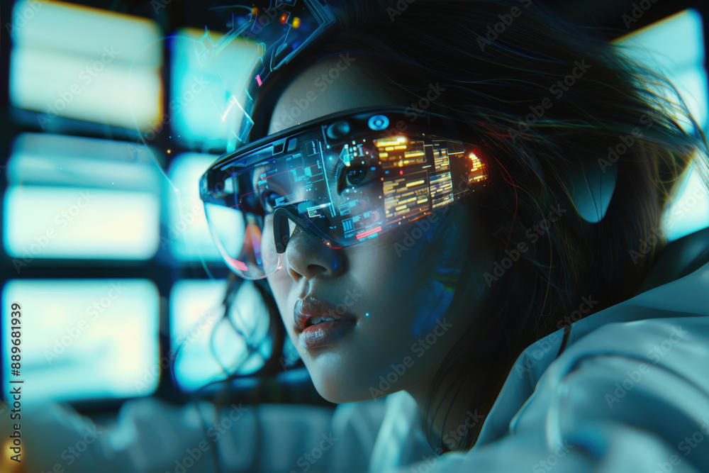 Poster software engineer is using an augmented reality headset to monitor data in a dark technology control