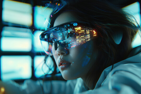 Software engineer is using an augmented reality headset to monitor data in a dark technology control room - Powered by Adobe