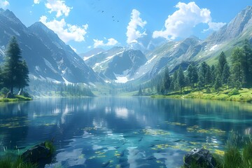 Serene Mountain Lake with Crystal Clear Waters and Snow-Capped Peaks