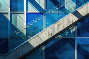 Obraz premium Sunlight casting shadows on a concrete staircase in front of a modern glass building facade