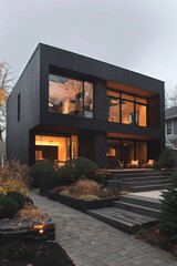 Modern minimalist private black house decorated with wood cladding. Residential architecture exterior, Generative AI