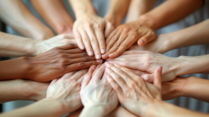 Naklejka premium Closeup of diverse people joining their hands, unity and diversity at work, people collaborations, team collaboration concept, corporate colleagues