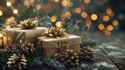 Christmas and New Year composition. Gift boxes tied with ribbons, surrounded by spruce branches with cones and Christmas decorations. AI generated.