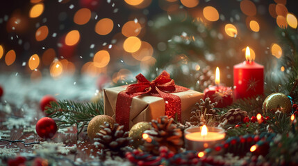 Christmas and New Year composition. Gift boxes tied with ribbons, surrounded by spruce branches with cones and Christmas decorations. AI generated.