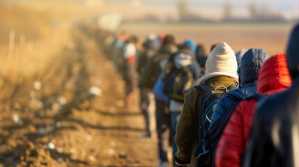 A line of people walking along a dirt road with backpacks and heavy clothing on a sunny day, possibly on a journey or migration.