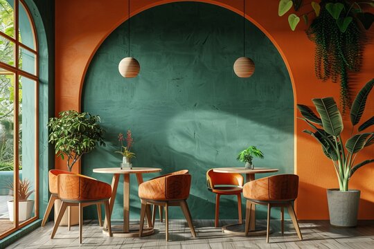 Interior design with wooden round table and chairs. Modern dining room with green and orange wall. Cafe, bar or restaurant interior design. Home interior. 3d, Generative AI