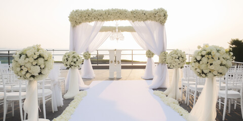 Fototapeta premium Piękny ogród przygotowany na wesele w plenerze- ślub w ogrodzie pod pergolą z białymi zasłonami, nakryte stołki, biały dywan, płatki kwiatów wśród natury