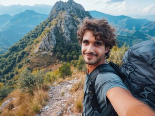 Naklejka premium A hiker taking a selfie while hiking, a moment captured in time
