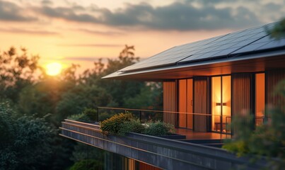 Obraz premium Solar panels installed on the roof of a house. Renewable energy concept. Sustainable and clean energy at home. 3d rendering of modern cozy house for sale or rent with beautiful, Generative AI