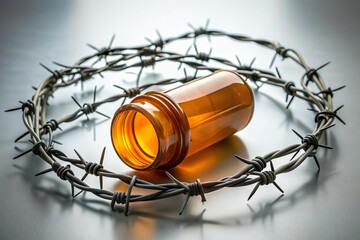barbed wire around medicine bottle. Health care access difficult