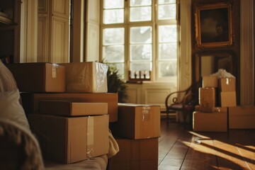 Preparing for a move: organizing cardboard boxes in an antique home. Vital tips for relocating, moving supplies, packing necessities, home upgrade