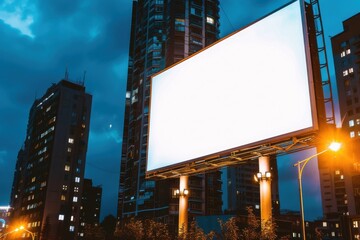 Obraz premium Blank ad billboard at night city, white advertisement panel mockup, empty banner in the city at dusk