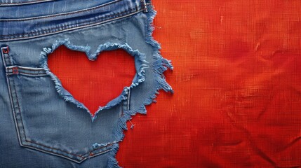 Blue denim jeans with heart shaped rip on red backdrop Clothing fashion with space for text Denim pants showing heart cutout eco friendly idea