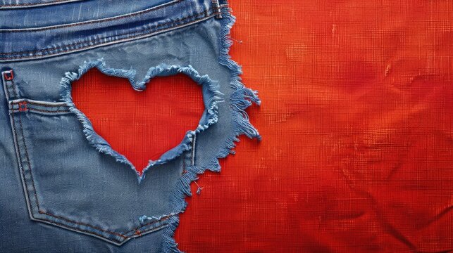 Blue denim jeans with heart shaped rip on red backdrop Clothing fashion with space for text Denim pants showing heart cutout eco friendly idea - Powered by Adobe