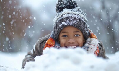 Little african american boy sliding on snow in winter. Kid playing outdoors, Generative AI