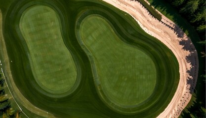 Obraz premium Aerial View of Bunkers and Sand Traps in Golf Course with Putting Green Grass