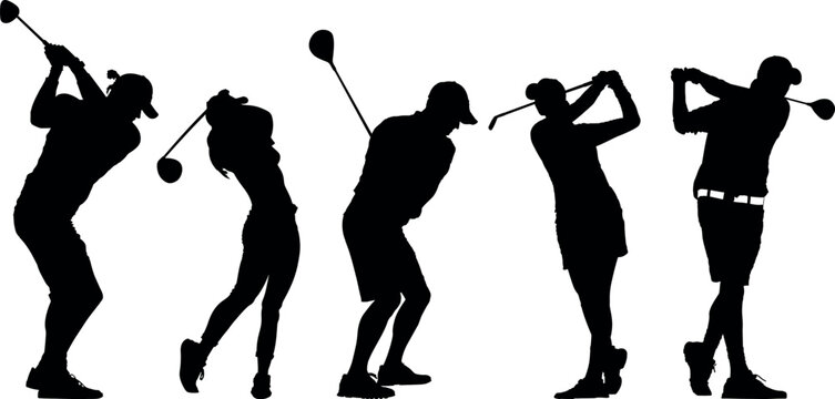 Silhouettes of three guys and two girls playing golf