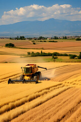 Harvesting golden wheat in vast farmlands under serene sky