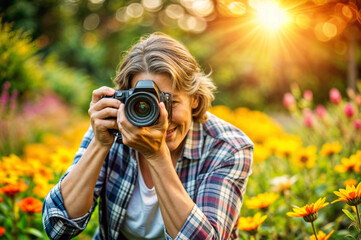Woman Celebrating World Photography Day in Flower Garden