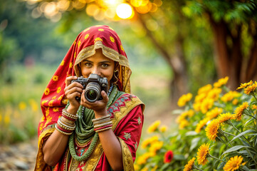 Woman in Traditional Dress Celebrating World Photography Day