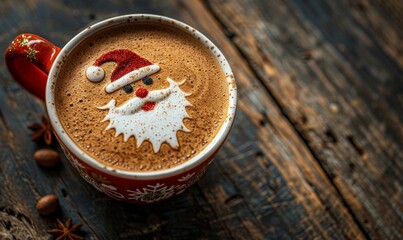 Cappuccino with a santa claus on a wooden background. Cup of latte coffee with Santa Claus shape art on foam, top view. Christmas and New Year, Generative AI
