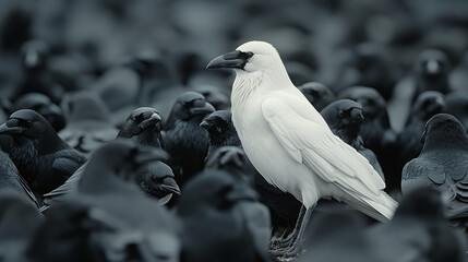 Lone white bird stands out among flock of black birds, symbolizing individuality and uniqueness. Concept of diversity, contrast, and nonconformity.
