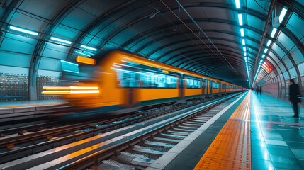 Naklejka premium Blurred orange subway train speeds through futuristic blue-lit tunnel, showcasing urban transportation. Concept of speed, technology, and modern city life.