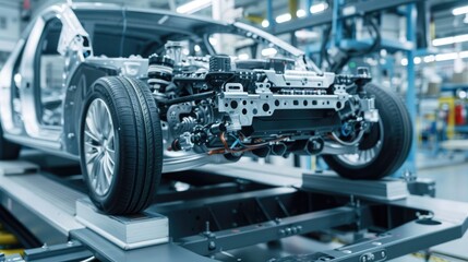 Obraz premium Modern workspace with precise electric vehicle interior assembly, bright lighting and white background. EV manufacturing