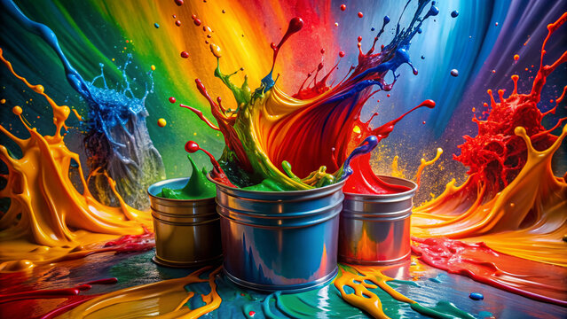 Vibrant colours splashing from a paint bucket, creating a rainbow-hued background with red, blue, yellow and green liquids blending in a creative, abstract mess.