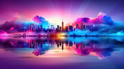 Fototapeta premium Vibrant city skyline with colorful neon lights reflecting in calm waters, under a dramatic sky with radiant clouds at dusk.