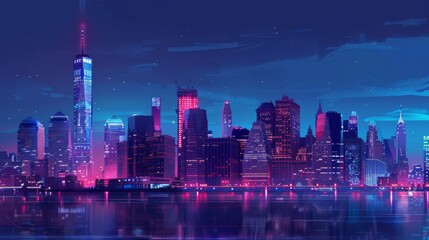 Fototapeta premium City skyline at night, illuminated buildings