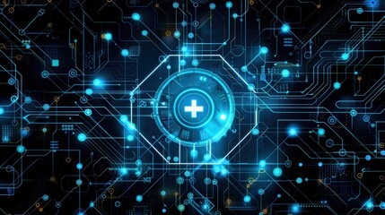 Fototapeta premium Futuristic health technology background with glowing blue lights and digital circuit elements, representing innovation in medical tech.