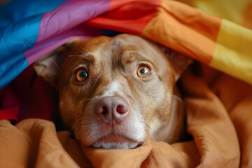 Adorable Dog Snuggled Under Colorful Blanket