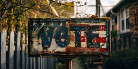 Antique Vote Sign with American Flag Classic USA Election Photo for Voting Rights Advocacy