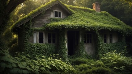 Fototapeta premium Abandoned Cottage with Ivy Overgrowth